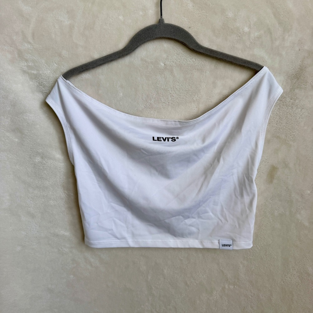 Levi's Womens Graphic Bardot Tank Top Bright White Off Shoulder Crop Size M - Picture 1 of 7